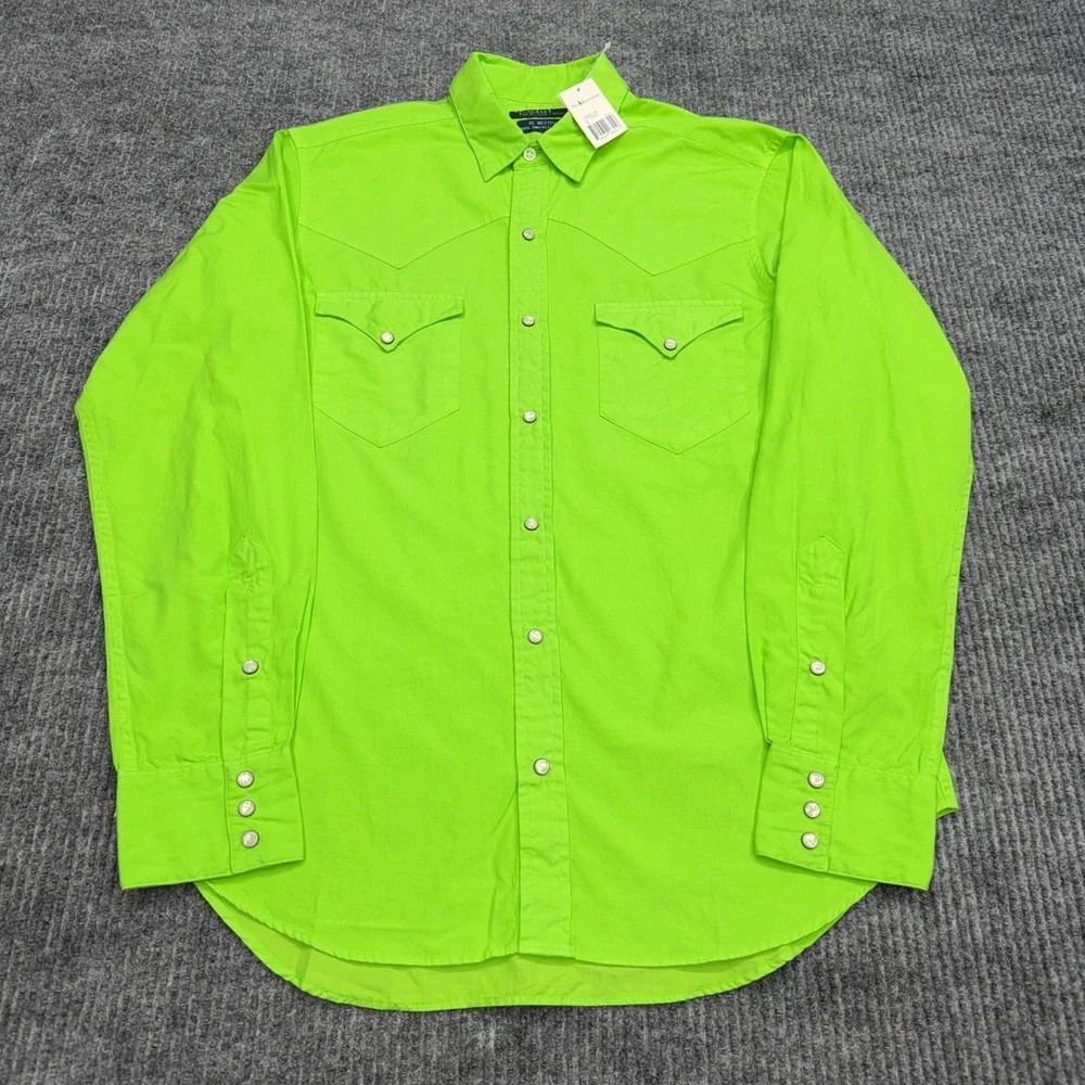 NWT Vtg Polo Ralph Lauren RL Western Shirt Mens S Lime Green Pearl Snap Cotton